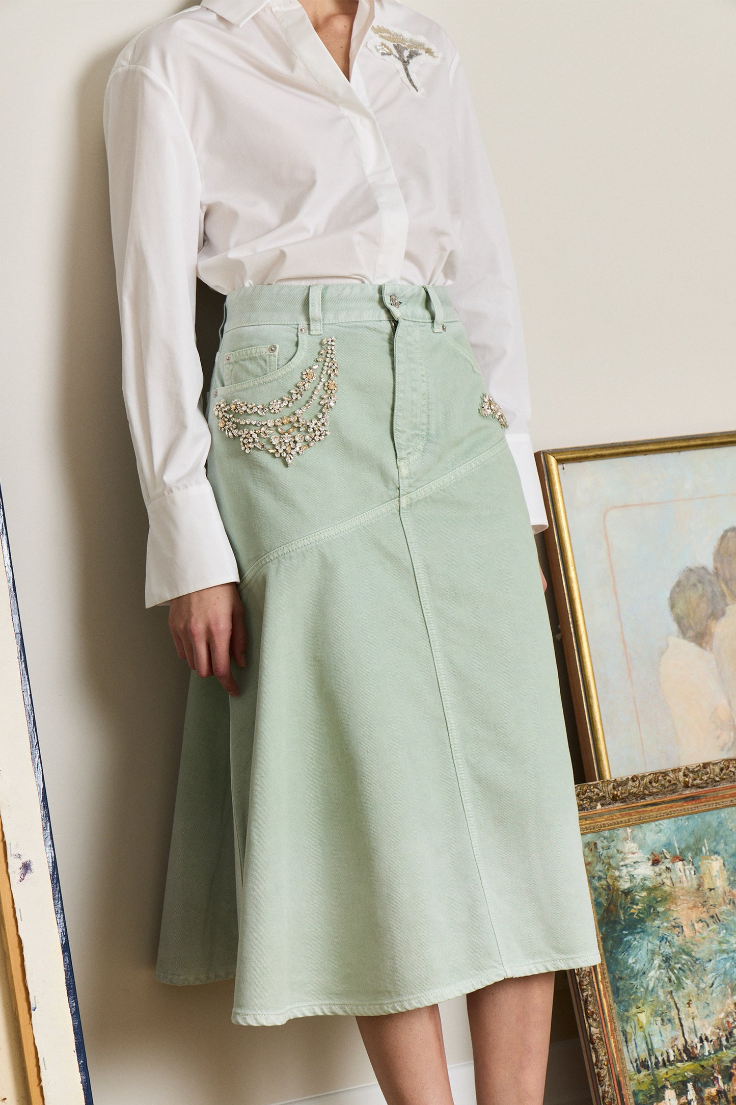 Embroided Draped Denim Skirt