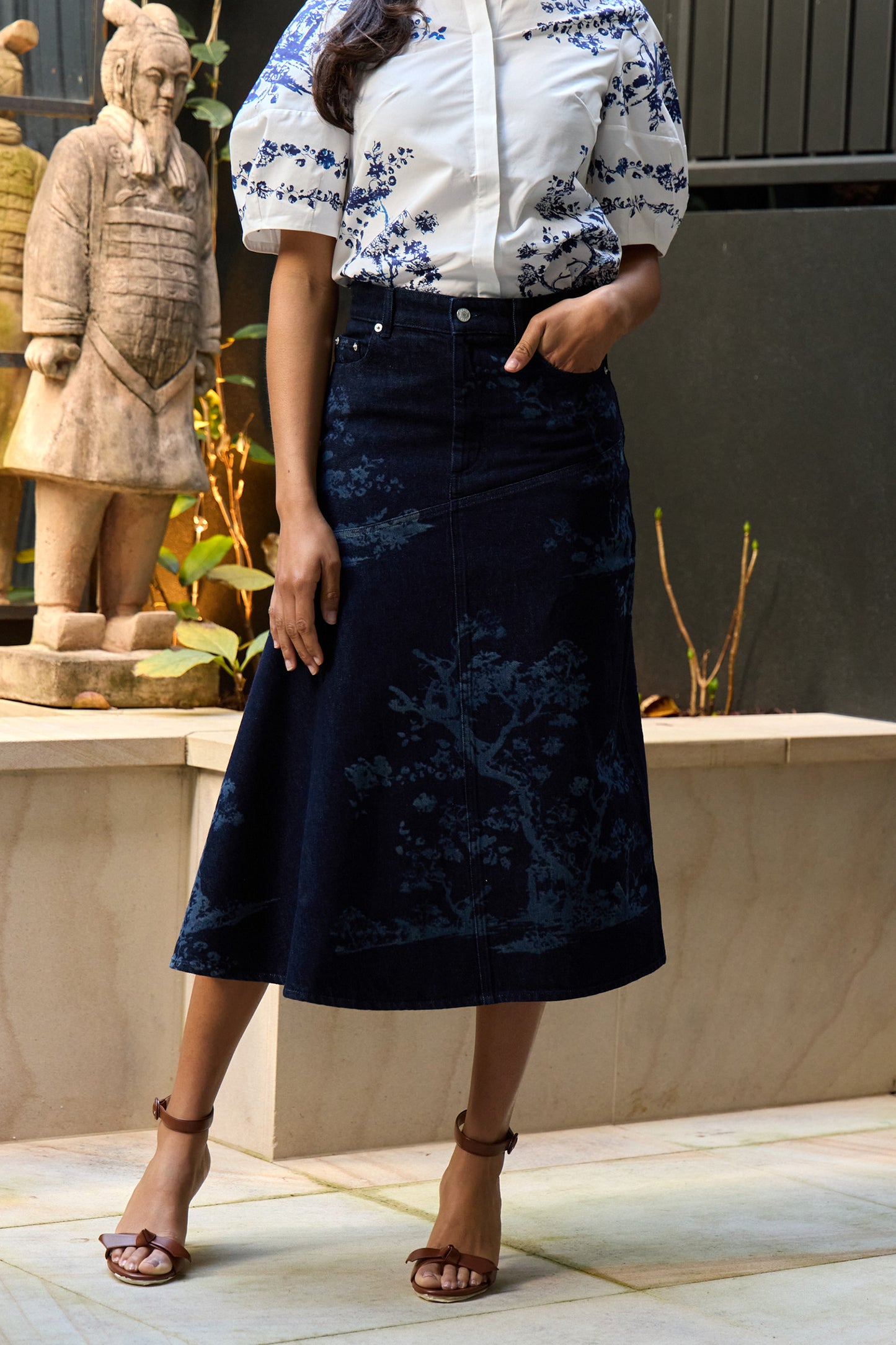 Printed Denim Midi Skirt
