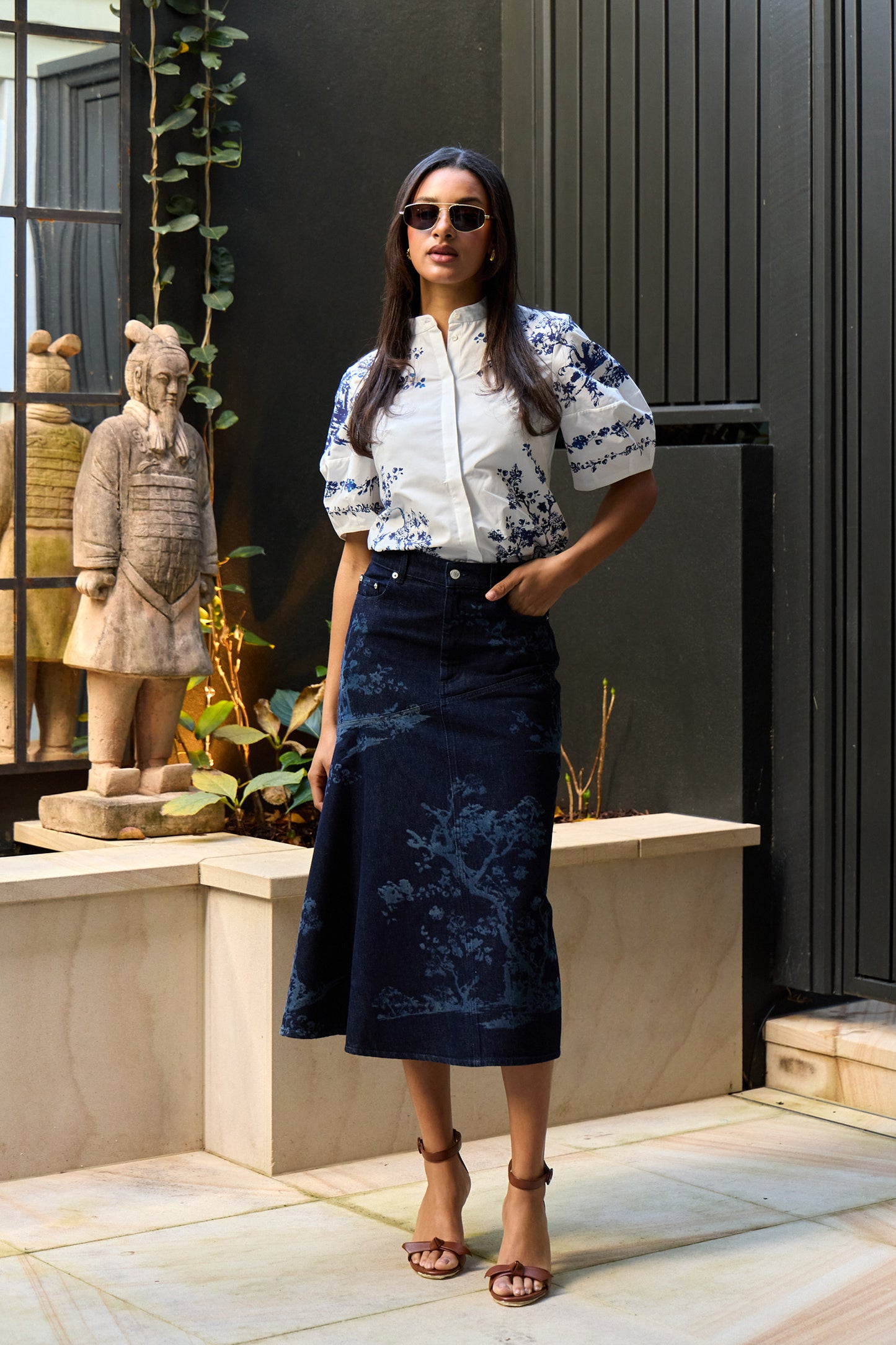 Printed Denim Midi Skirt