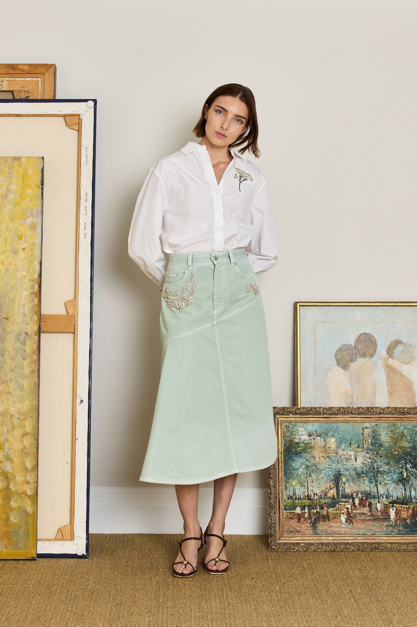 Embroided Draped Denim Skirt