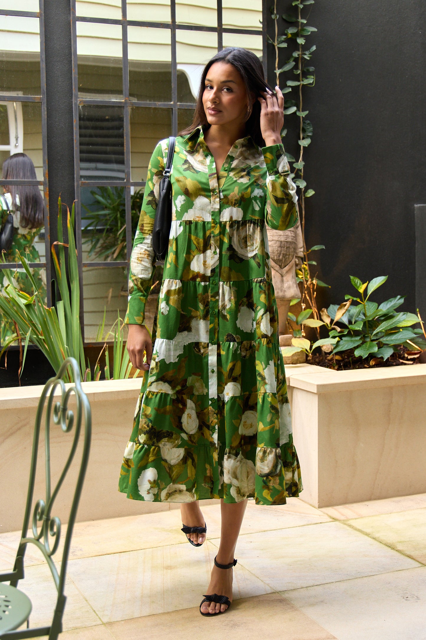 Tiered Long Sleeve Shirt Dress