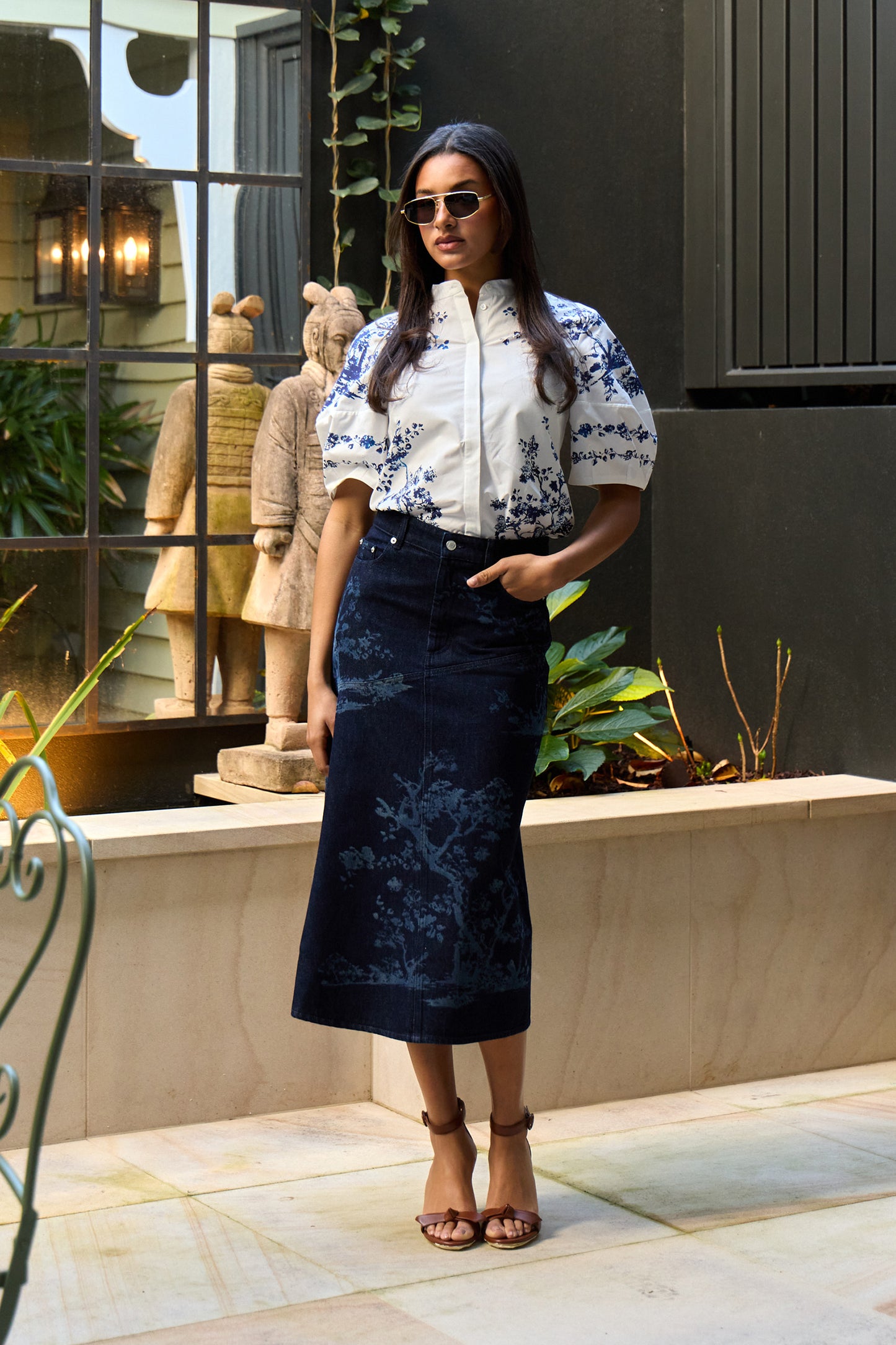 Printed Denim Midi Skirt