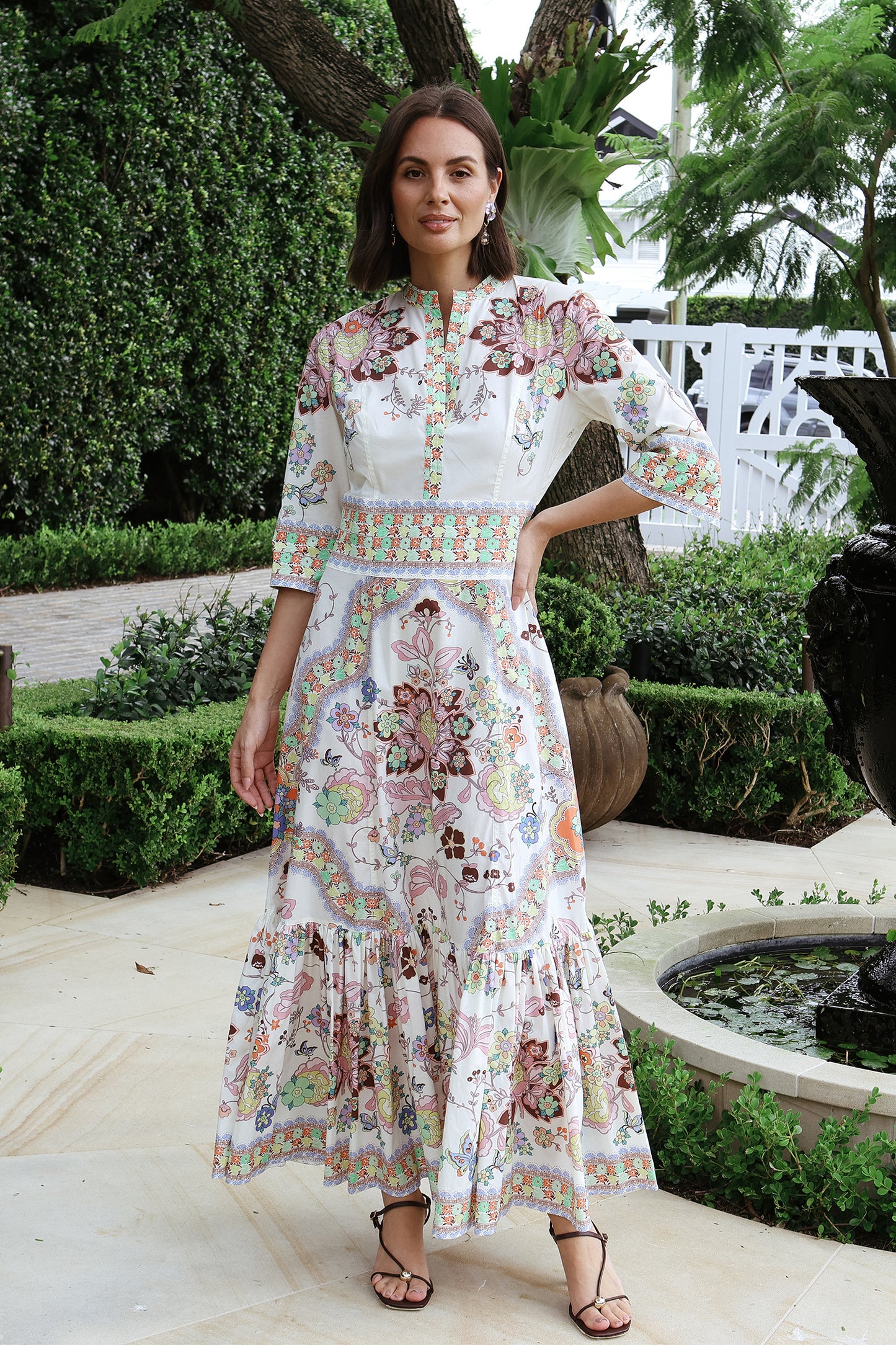 Gathered Floral Print Midi Dress