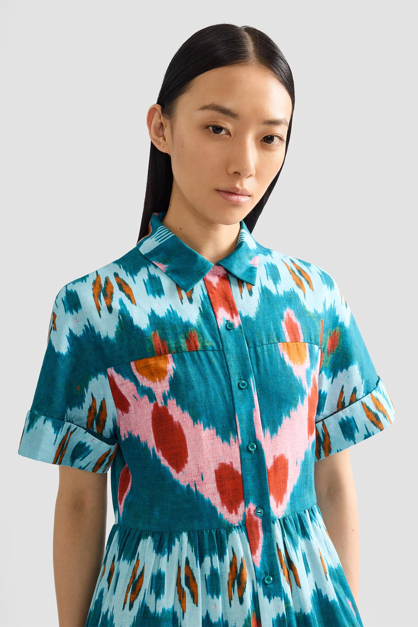 Ikat Printed Tiered Midi Shirt Dress