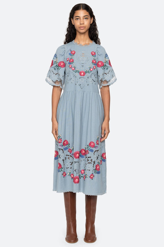 Rosaline Embroidery S/SLV Midi Dress