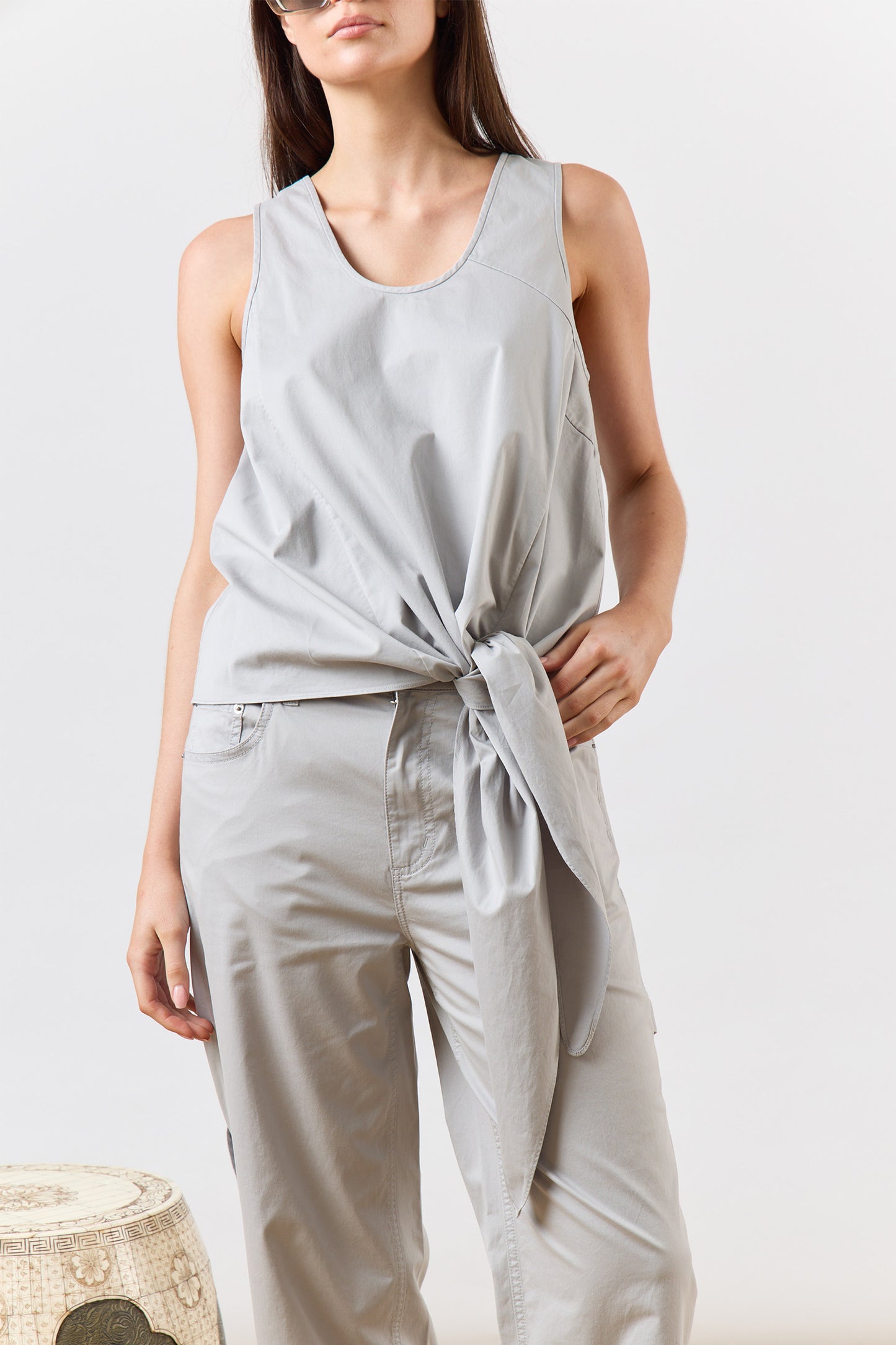 Garment Dyed Silky Cotton Tie Front Top