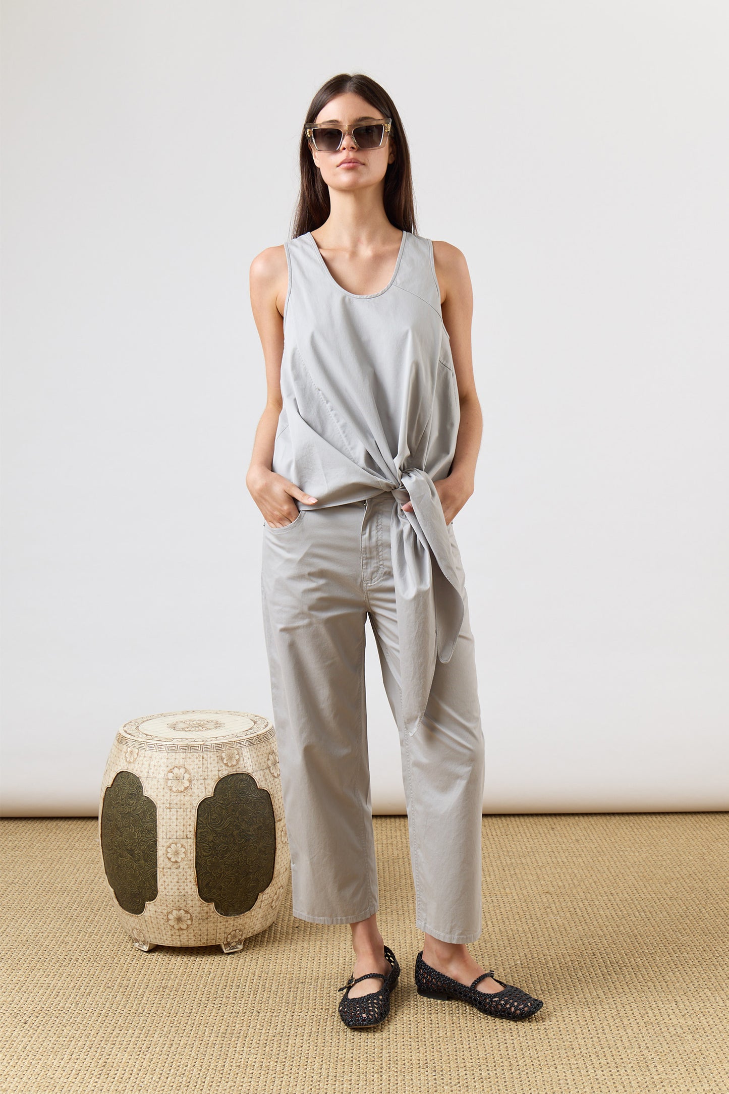 Garment Dyed Silky Cotton Cropped Slouchy Cargo Jean
