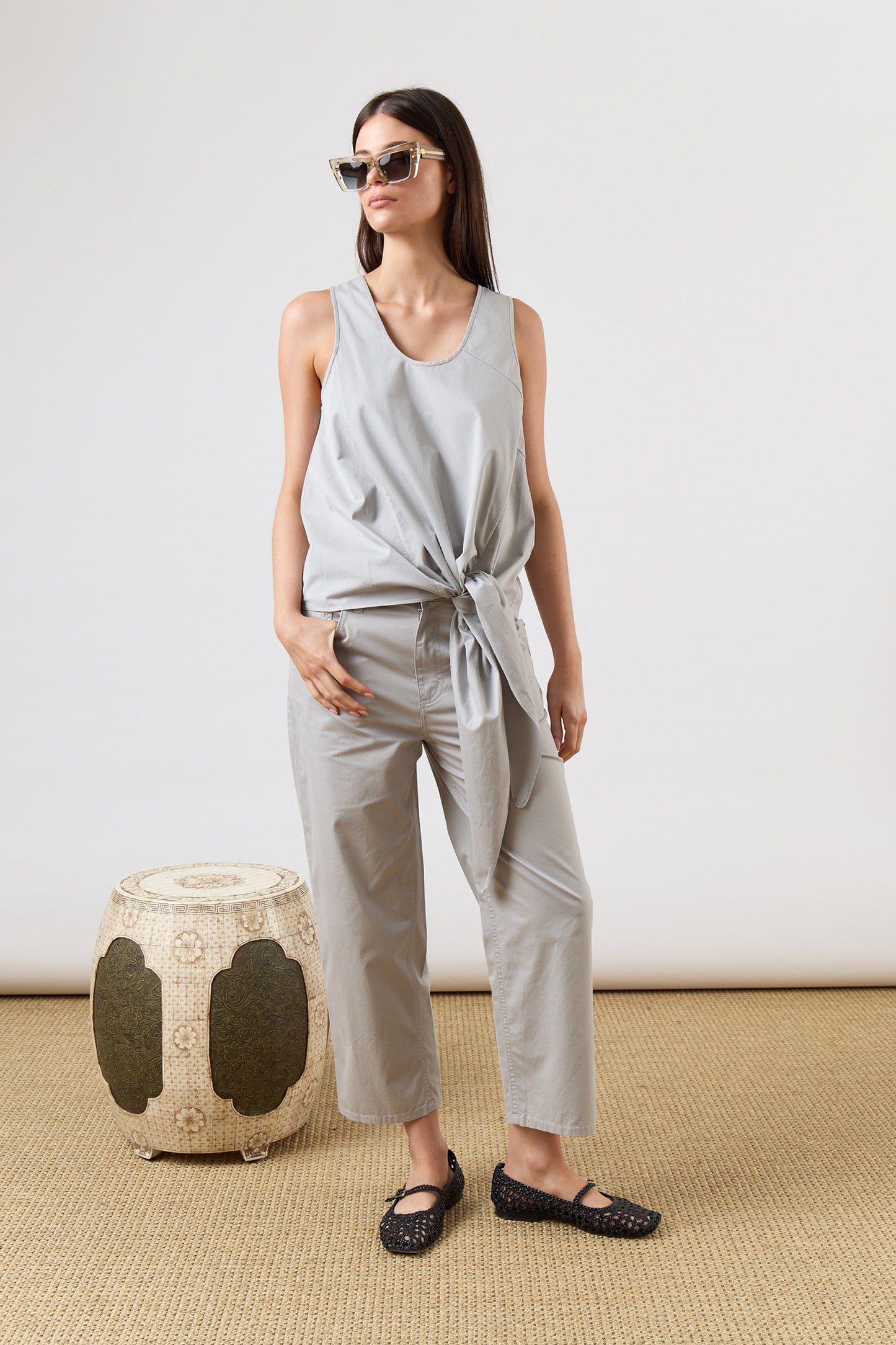 Garment Dyed Silky Cotton Cropped Slouchy Cargo Jean
