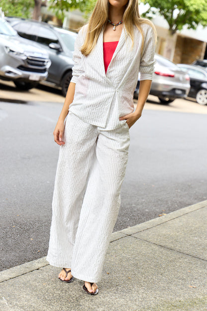 Crinkle Stripe Summer Suiting Wide Leg Pull On Pant