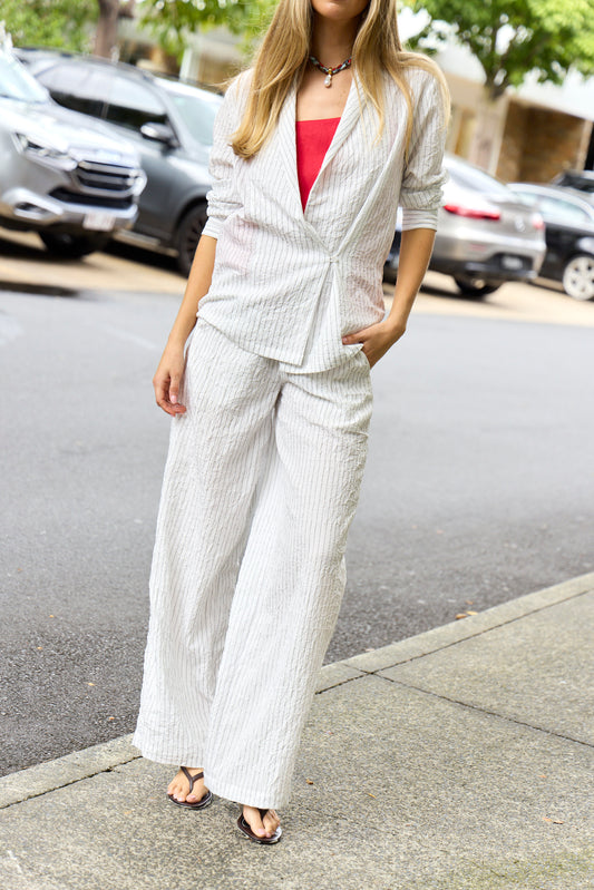Crinkle Stripe Summer Suiting Wide Leg Pull On Pant
