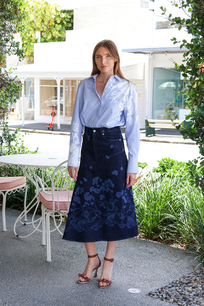 Denim Draped Midi Skirt