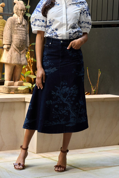 Printed Denim Midi Skirt