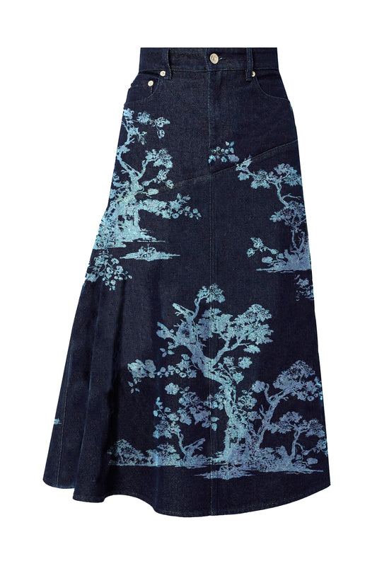 Printed Denim Midi Skirt