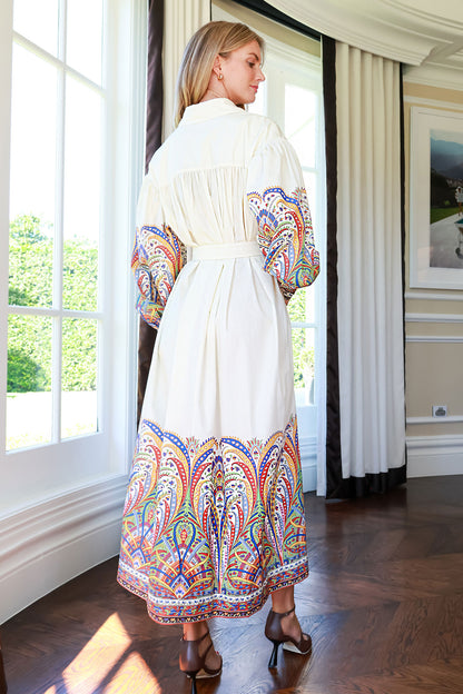 Belted Paisley Print Midi Dress