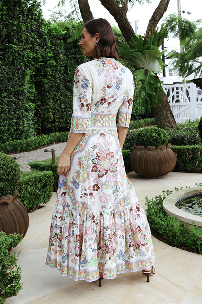 Gathered Floral Print Midi Dress