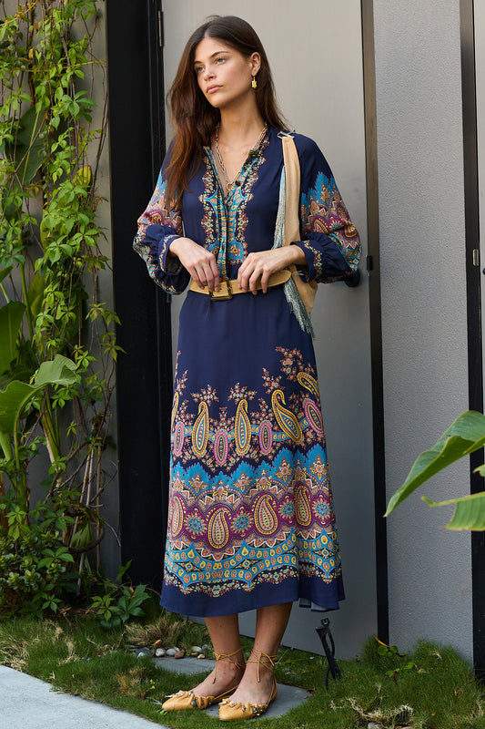 Placed Paisley L/S Midi Dress