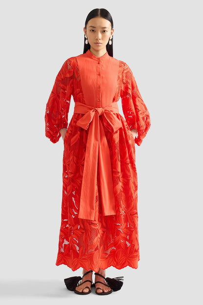 Cutwork Tie-Waist Midi Dress