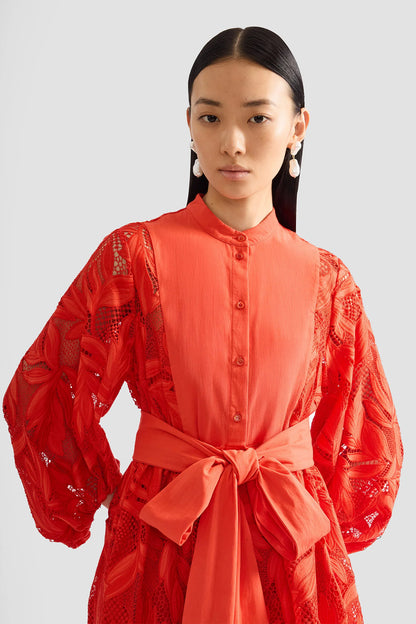 Cutwork Tie-Waist Midi Dress