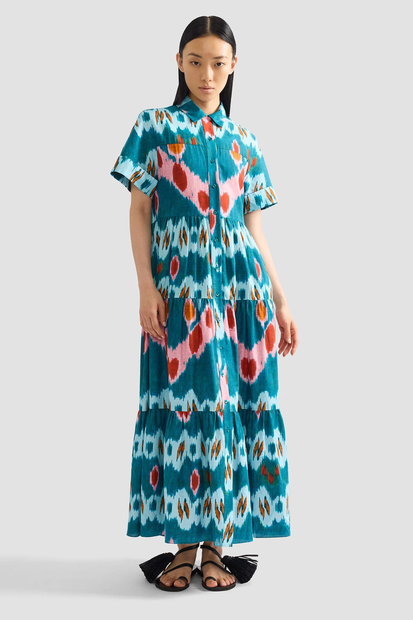 Ikat Printed Tiered Midi Shirt Dress