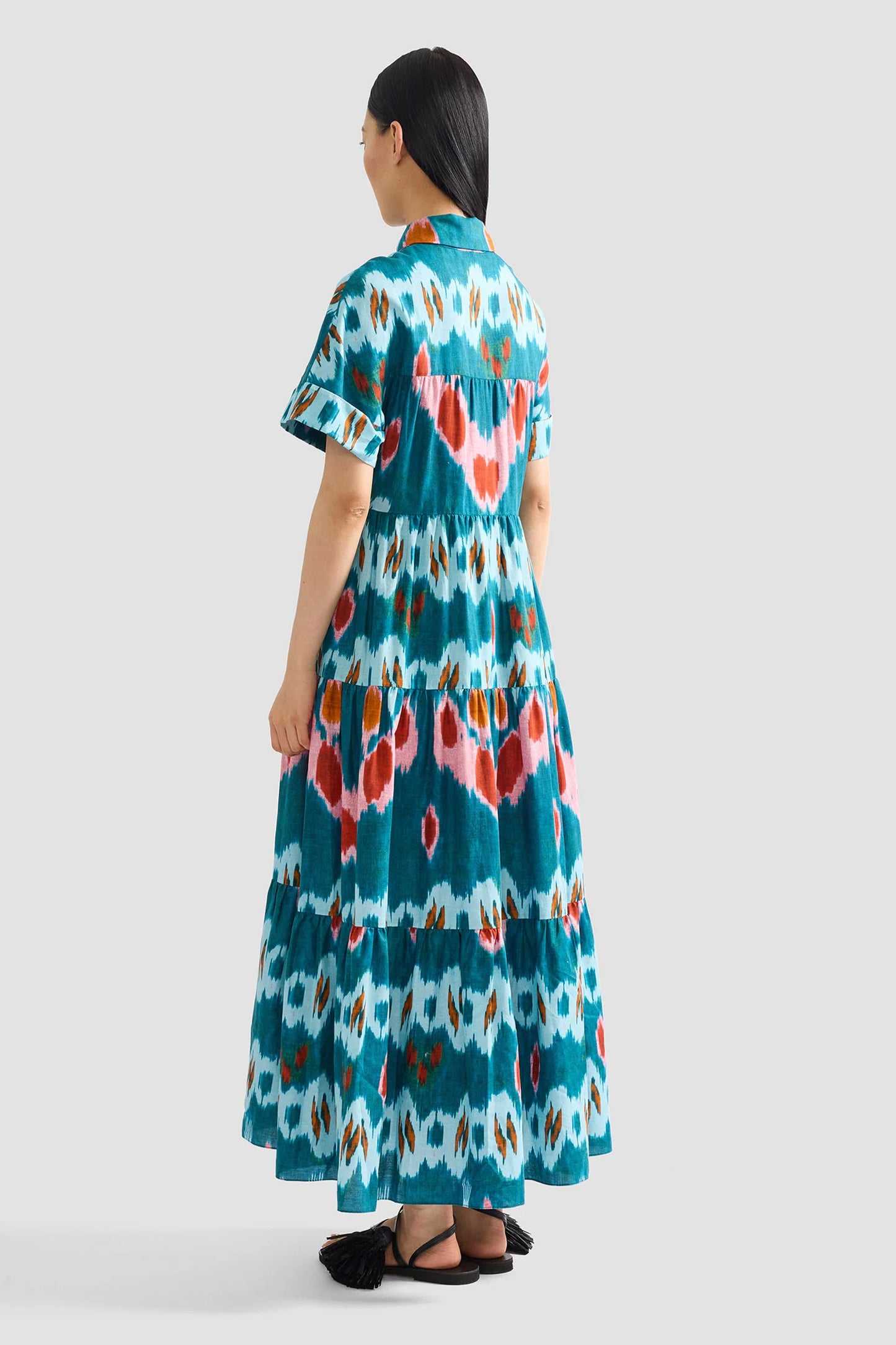 Ikat Printed Tiered Midi Shirt Dress