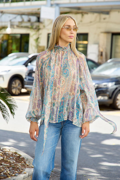 V-Neck Blouse with Scarf