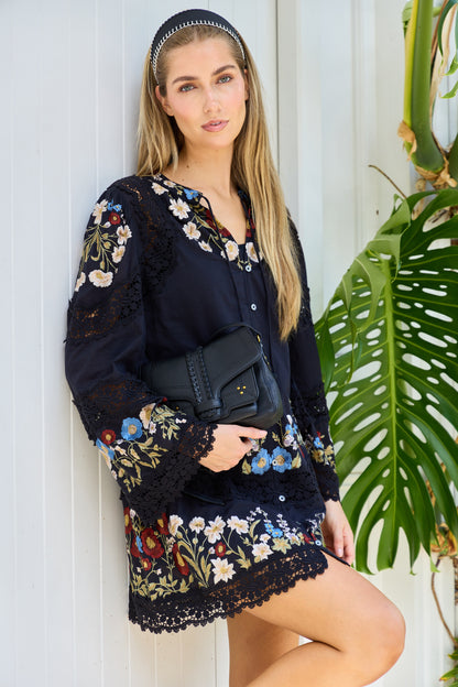 Ruwa Embroidered L/SLV Flare Mini Dress