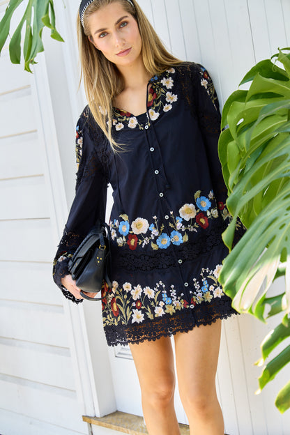 Ruwa Embroidered L/SLV Flare Mini Dress