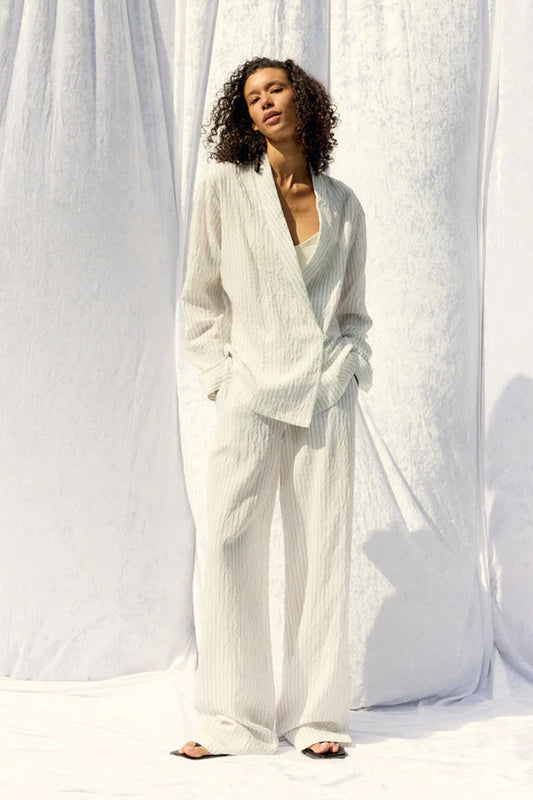 Crinkle Stripe Suiting Shawl Collar Jacket