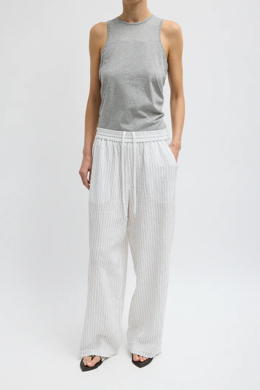 Crinkle Stripe Summer Suiting Wide Leg Pull On Pant