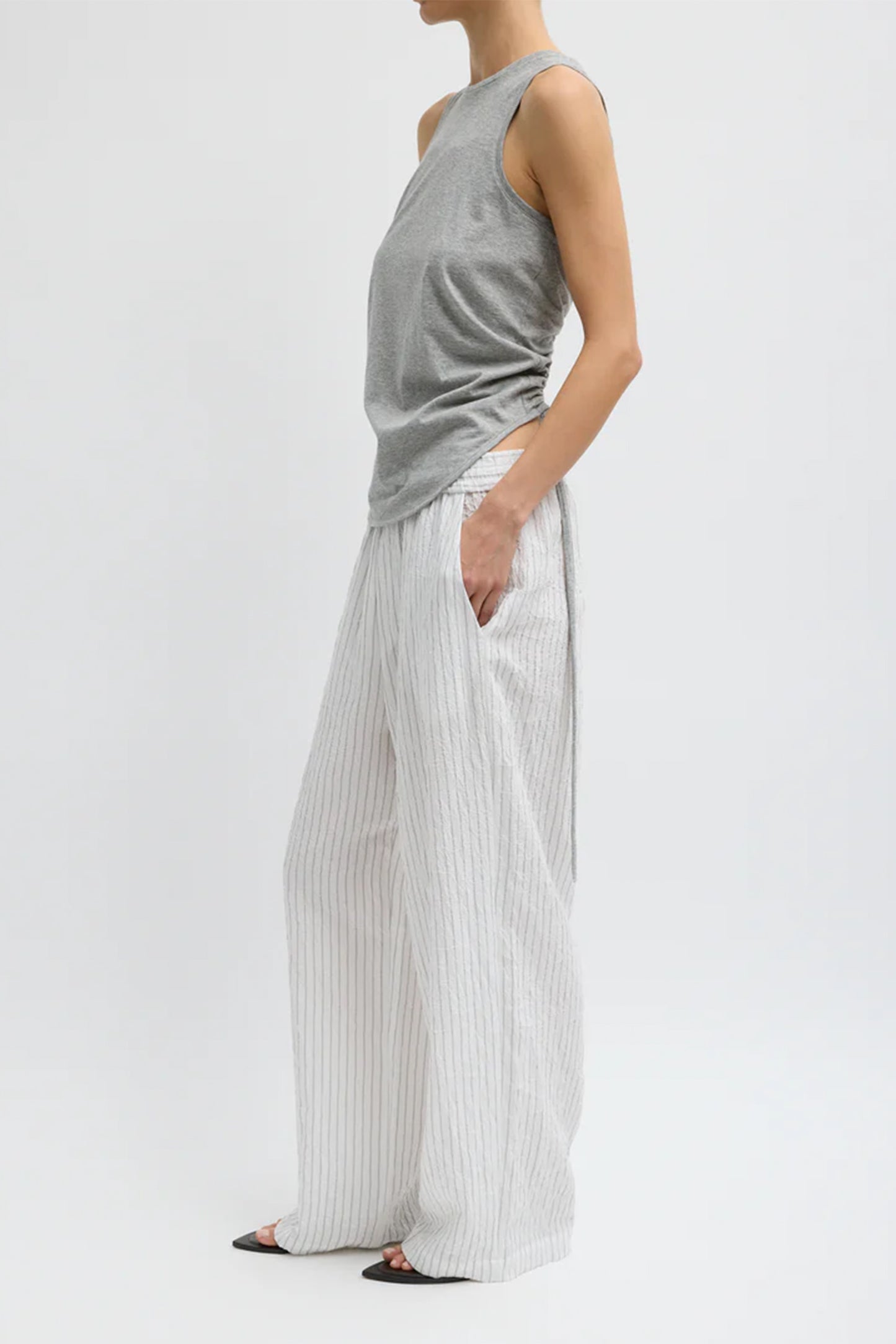 Crinkle Stripe Summer Suiting Wide Leg Pull On Pant