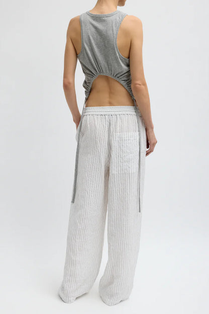 Crinkle Stripe Summer Suiting Wide Leg Pull On Pant