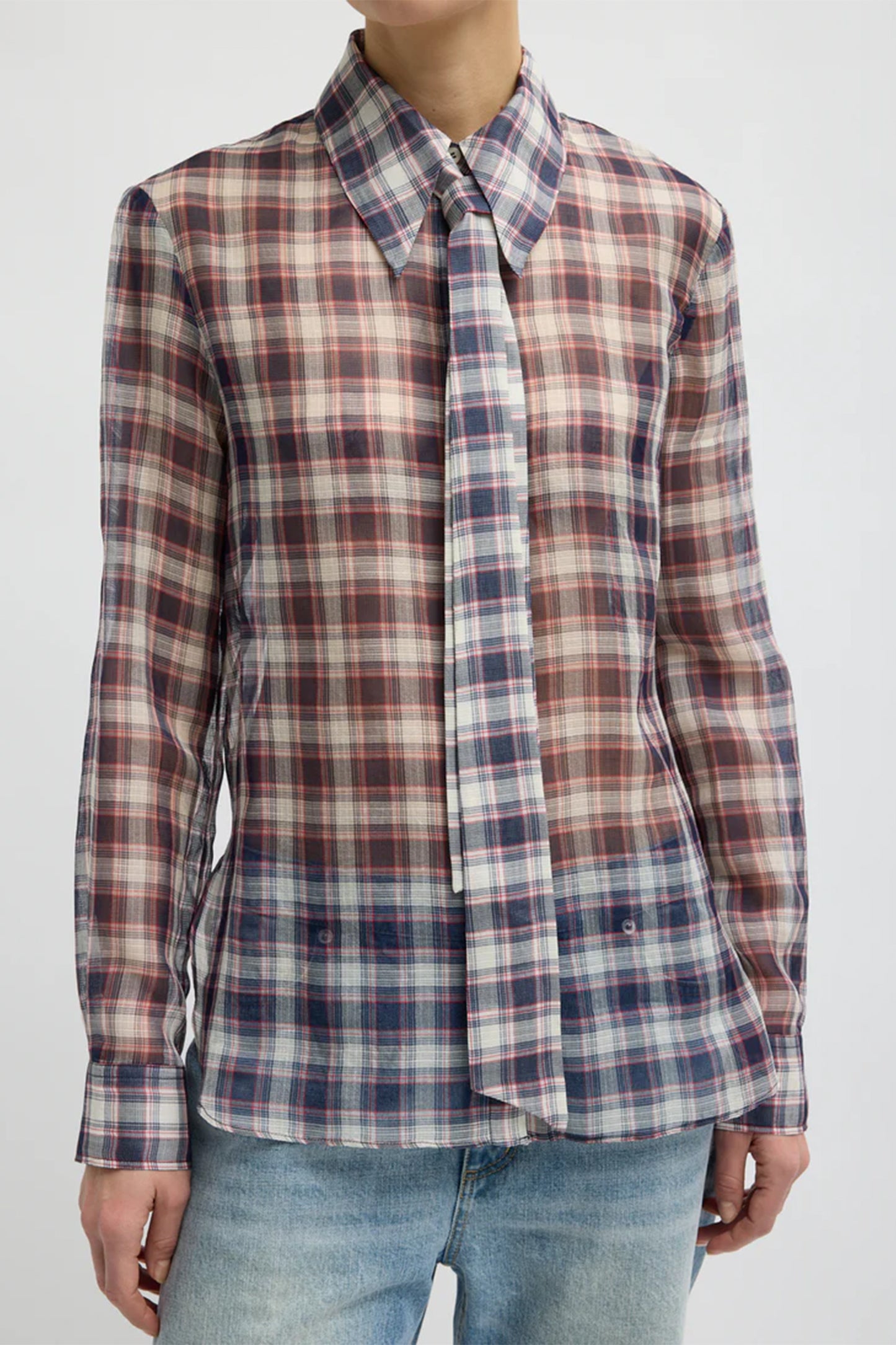 Silk Cotton Plaid Blouse with Removable Tie