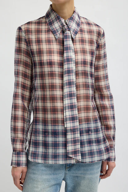 Silk Cotton Plaid Blouse with Removable Tie