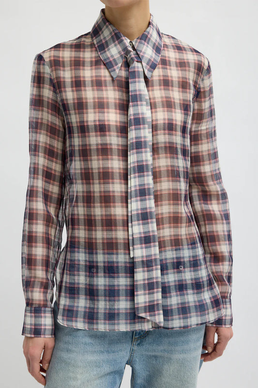 Silk Cotton Plaid Blouse with Removable Tie