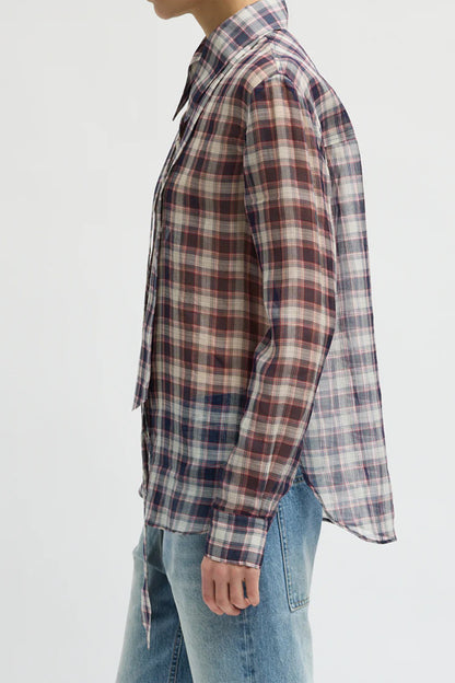 Silk Cotton Plaid Blouse with Removable Tie