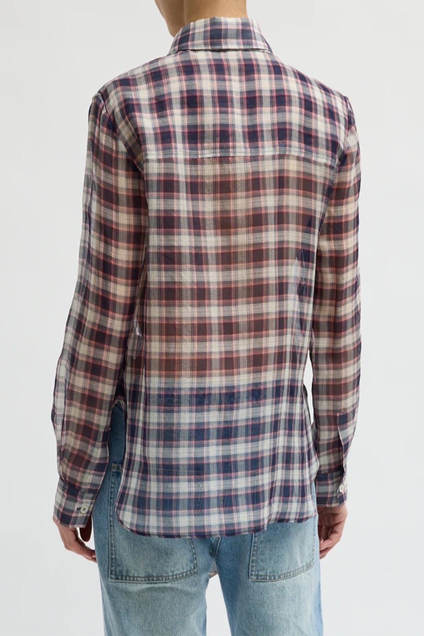 Silk Cotton Plaid Blouse with Removable Tie