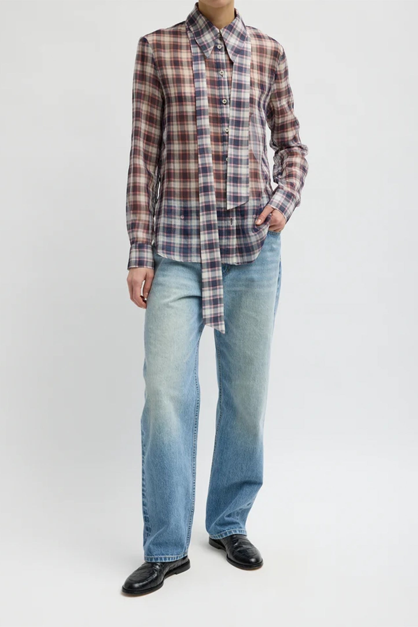 Silk Cotton Plaid Blouse with Removable Tie