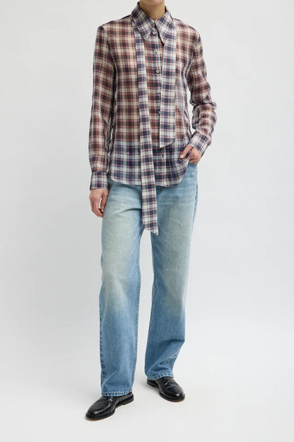 Silk Cotton Plaid Blouse with Removable Tie