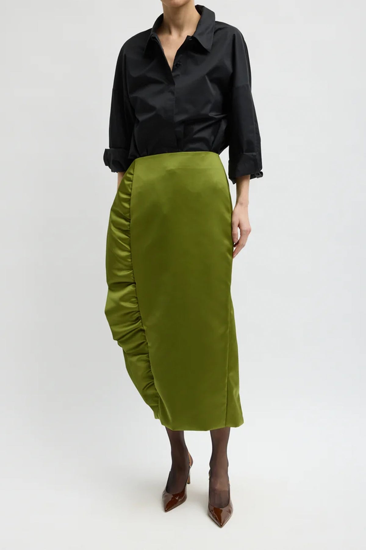 Tech Satin Side Ruffle Skirt