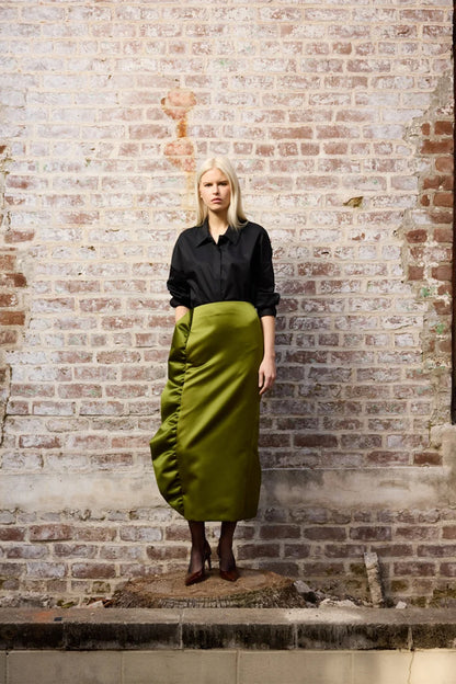 Tech Satin Side Ruffle Skirt