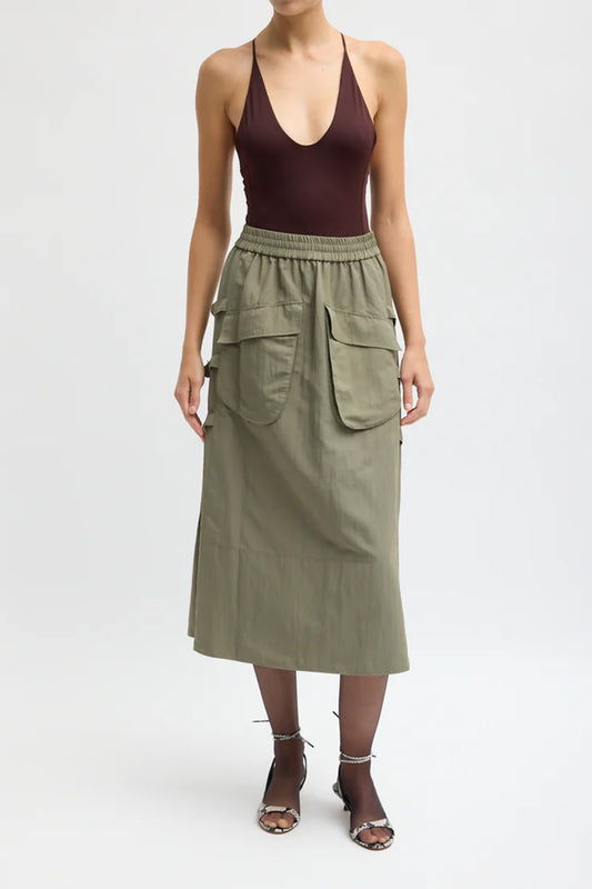 Techy Twill Pull On Midi Skirt