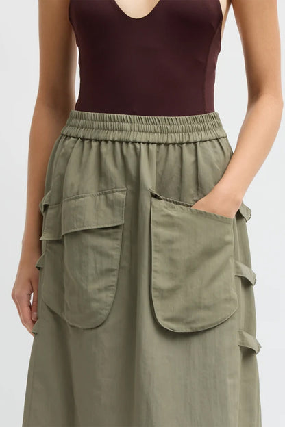 Techy Twill Pull On Midi Skirt