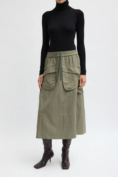 Techy Twill Pull On Midi Skirt