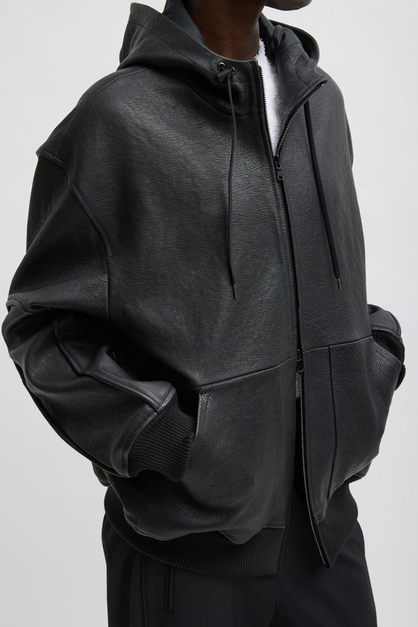 Pebbled Leather Zip Up Hoodie Jacket