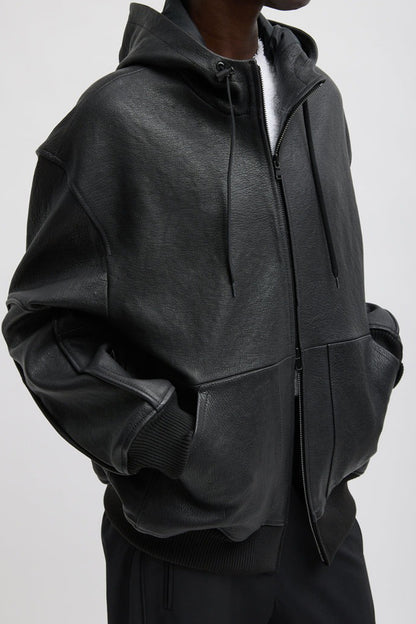 Pebbled Leather Zip Up Hoodie Jacket