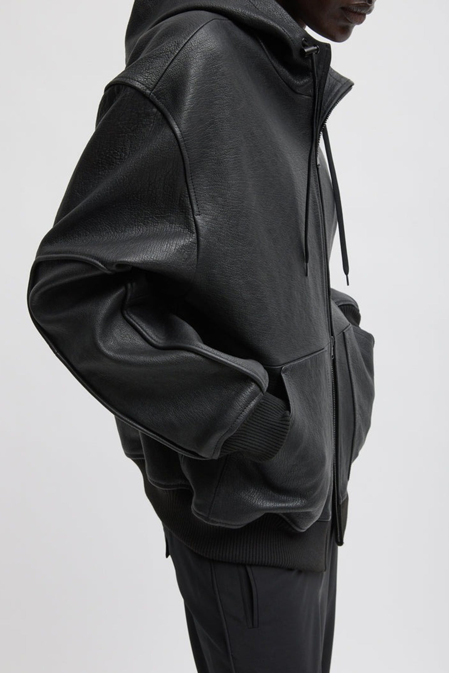 Pebbled Leather Zip Up Hoodie Jacket