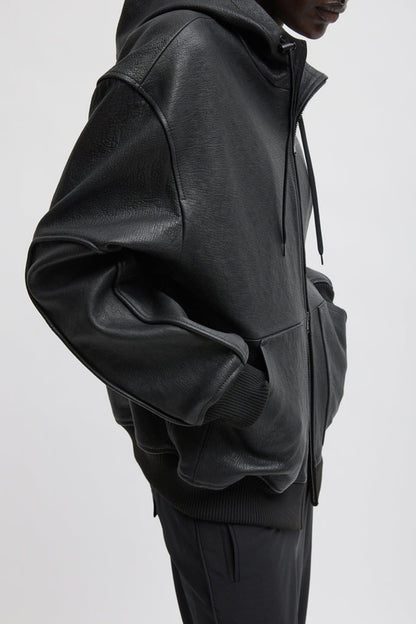 Pebbled Leather Zip Up Hoodie Jacket