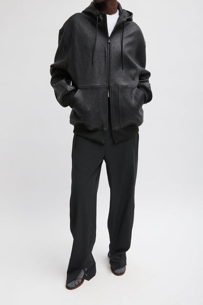 Pebbled Leather Zip Up Hoodie Jacket