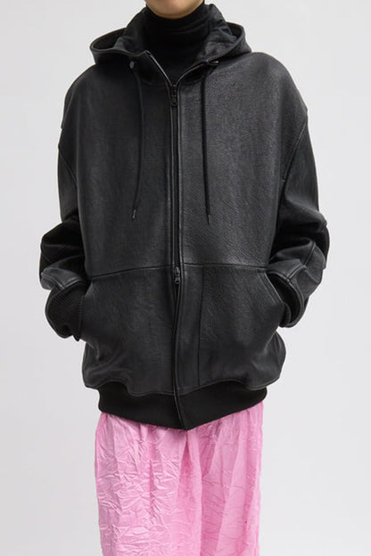 Pebbled Leather Zip Up Hoodie Jacket