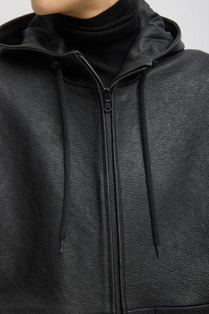 Pebbled Leather Zip Up Hoodie Jacket